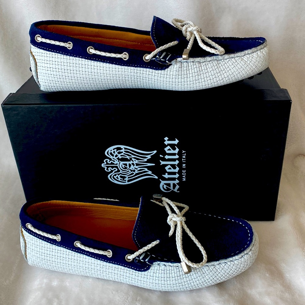 NEW! Boys Italian  Moccasins, white woven leather & navy suede,  Euro 35 /US 4.